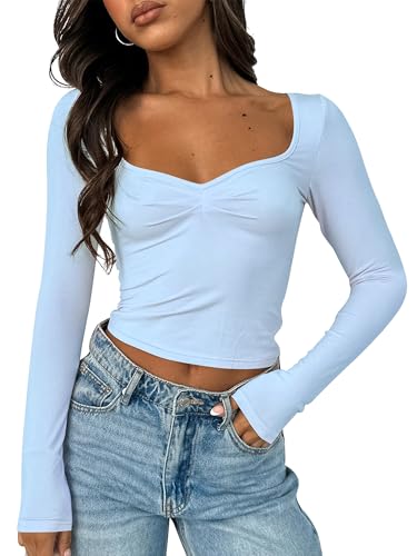 TiulZial Women's Long Sleeve Going Out Crop Top Sexy Pleated